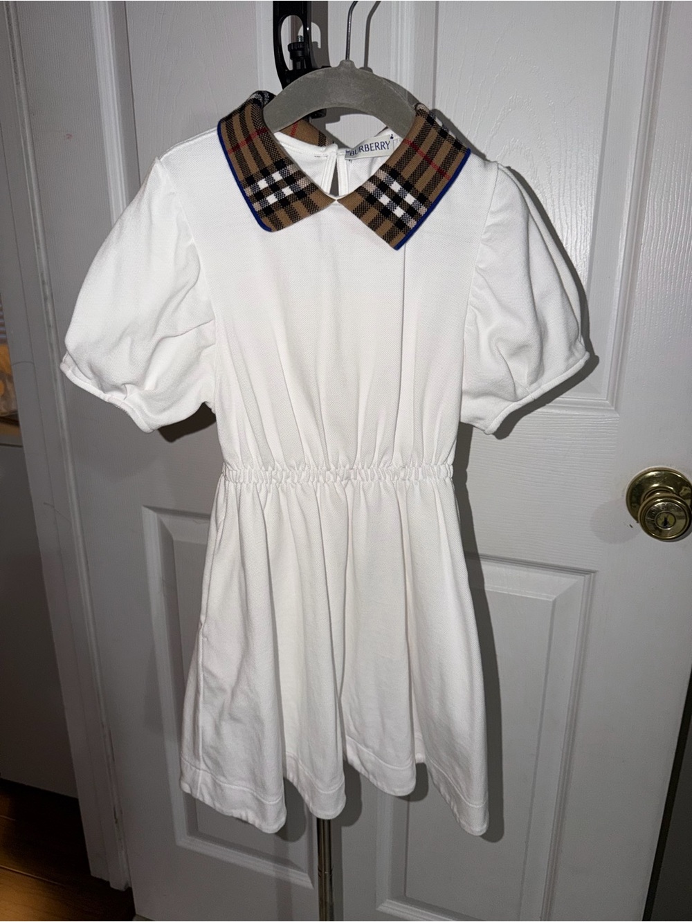 Kids Burberry White Dress with Iconic Beige Check Collar